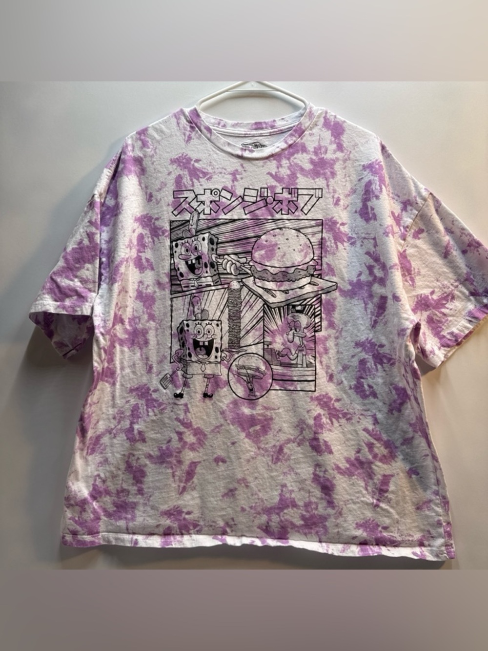 Spongebob Squarepants Men’s Purple and White Tie-Dye T-Shirt